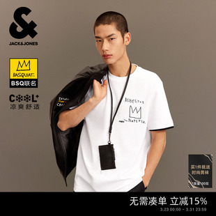 春夏BSQ华夫格假两件短袖 杰克琼斯男装 T恤宽松印花打底衫 凉感