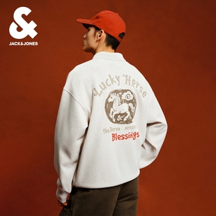 【马年新年款】杰克琼斯男装红色POLO领卫衣刺绣宽松本命年礼物