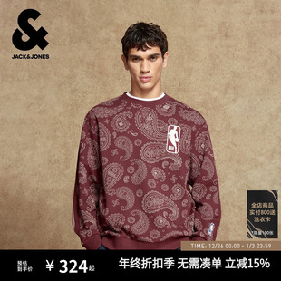 杰克琼斯NBA联名男装 百搭条纹印花贴布宽松圆领上衣 卫衣秋冬新款