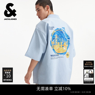 NBA联名勇士队 纯棉图案装 杰克琼斯春季 衬衫 饰尖领宽松 男短袖