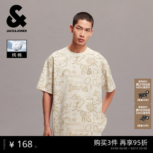 【满印T恤】杰克琼斯男装春季新款纯棉宽松打底衫刺绣短袖情侣装