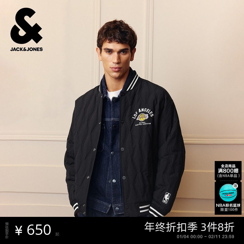 杰克琼斯NBA联名洛杉矶湖人队男装羽绒服秋冬新款贴布棒球领上衣