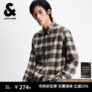 经典 杰克琼斯男装 衬衫 新款 褐色小格纹纯棉舒适上衣外套 2025年冬季