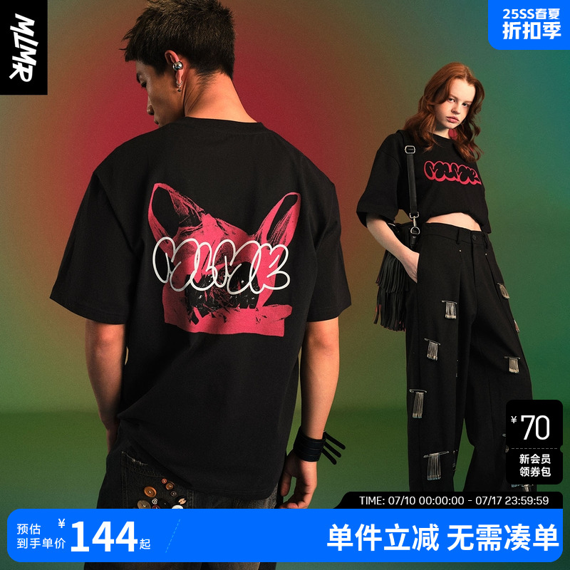 MLMR2025年夏季宽松时尚潮流印花短袖圆领T恤衫纯棉舒适情侣