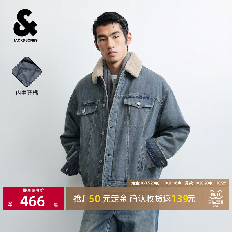 [付定返]杰克琼斯摇粒绒翻领棉服美式复古休闲牛仔廓形夹克巴恩风