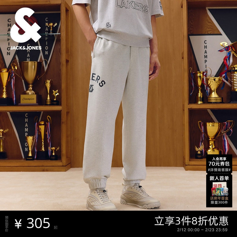 杰克琼斯NBA联名男装休闲裤秋季新款植绒胶印刺绣贴布宽松束脚裤
