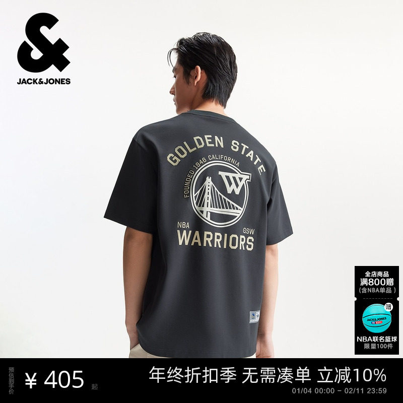 杰克琼斯男装秋季新款T恤NBA联名金州勇士队运动风百搭圆领短袖