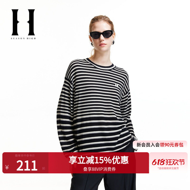 SEASON HIGH春季款女士T恤长袖条纹针织含羊毛立体logo刺绣女内搭
