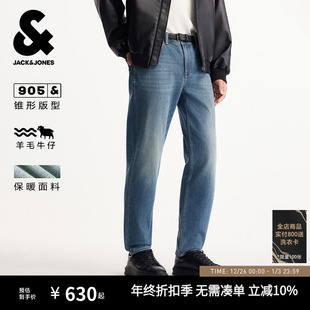 子男款 杰克琼斯男装 保暖舒适羊毛两侧插袋猫须水洗长裤 牛仔裤 冬季