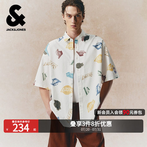 杰克琼斯夏季新款衬衫NBA联名男装时尚中性简约宽松短袖上衣潮流
