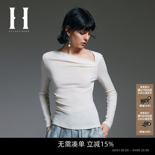 新款 春季 HIGH24 纯色不对称含羊毛打底长袖 T恤女装 修身 SEASON