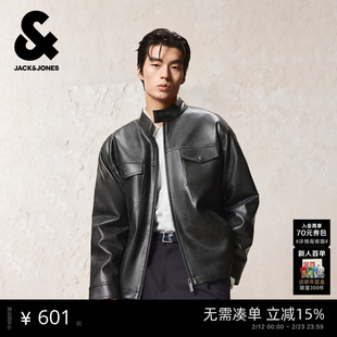 杰克琼斯男装冬季新款羽绒服水洗PU立领宽松帅气机车风休闲外套