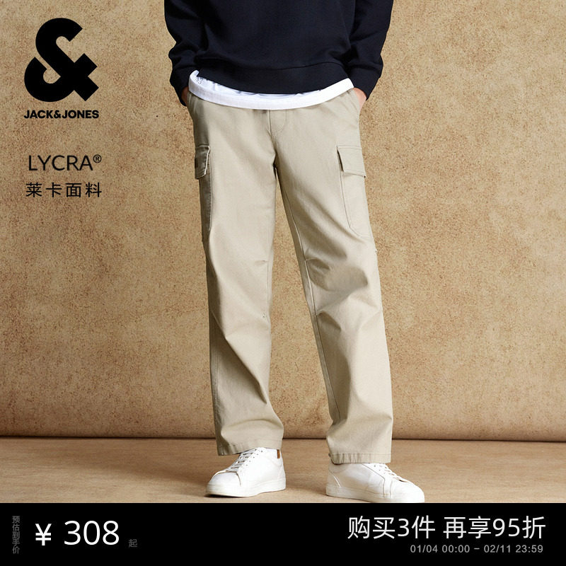 杰克琼斯男装新款宽松直筒休闲裤松紧腰莱卡口袋工装裤男士长裤子