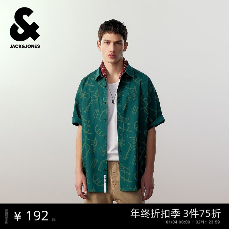 杰克琼斯男装秋季新款宽松满印图案休闲日常潮流宽松翻领短袖衬衫