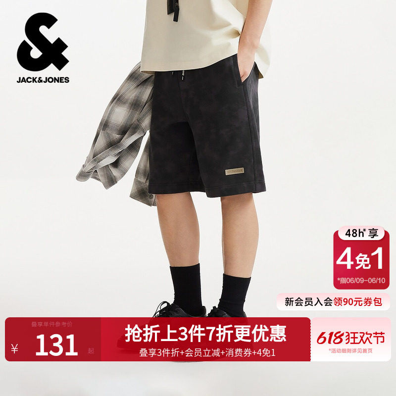 【扎染】杰克琼斯男装夏季新款短裤宽松抽绳短裤纯棉PU皮标卫裤潮