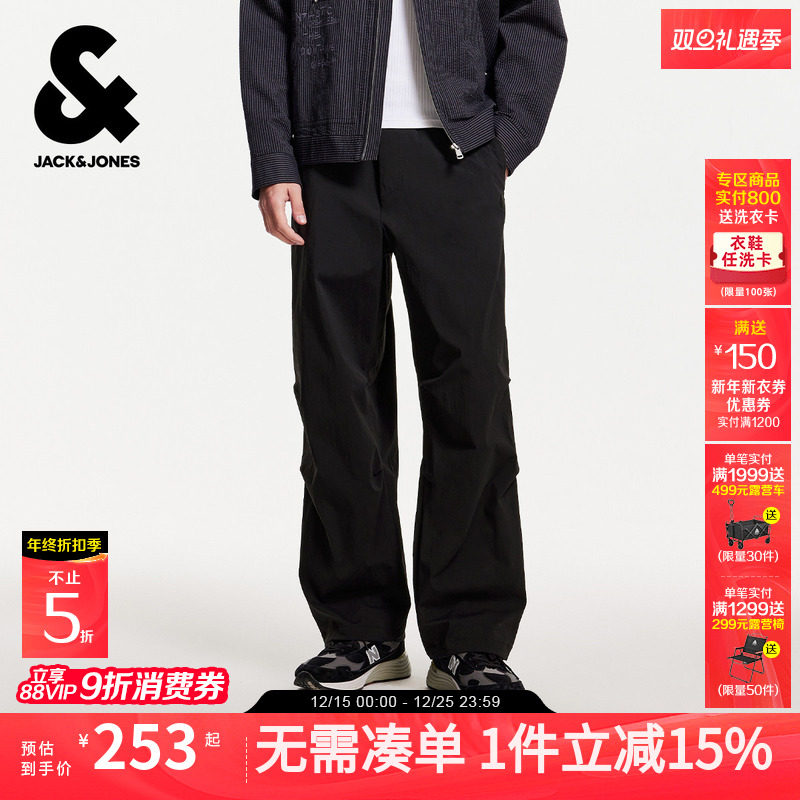 杰克琼斯男装秋季男士户外机能工装裤伞兵裤宽松休闲褶皱长裤子