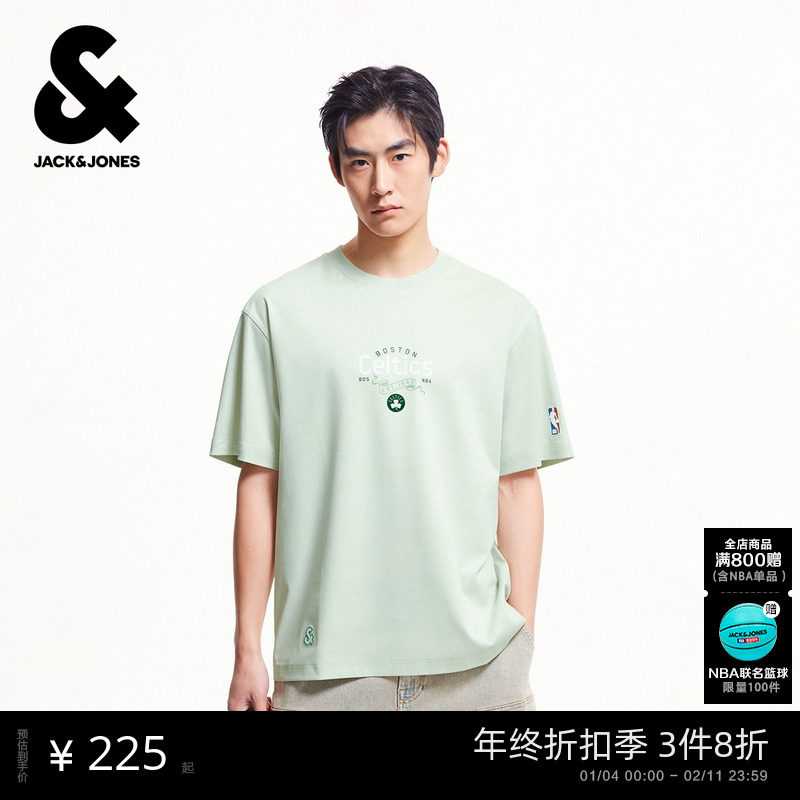 杰克琼斯秋季NBA联名男装运动简约纯棉舒适宽松圆领短袖T恤上衣