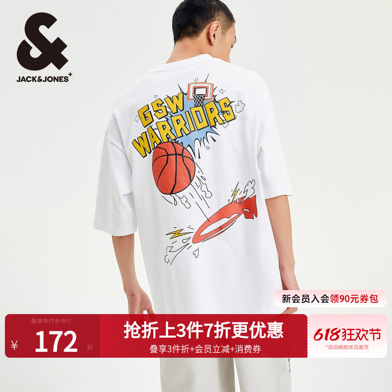 [NBA联名]杰克琼斯男装夏勇士队肌理印花短袖T恤宽松刺绣打底衫