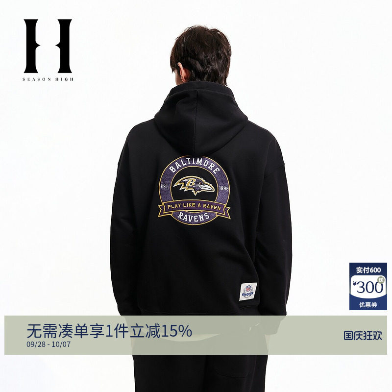 SEASONHIGH男装NFL联名款乌鸦队冬季新款抽绳连帽休闲廓形卫衣潮图片