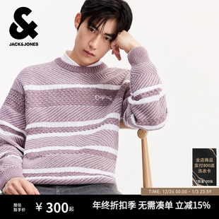 字母刺绣休闲条纹拼接宽松圆领毛衣针织衫 新款 冬季 杰克琼斯男装