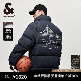 杰克琼斯男装 饰略羽绒服衣 NBA联名勇士队篮球秋冬无帽立领刺绣装