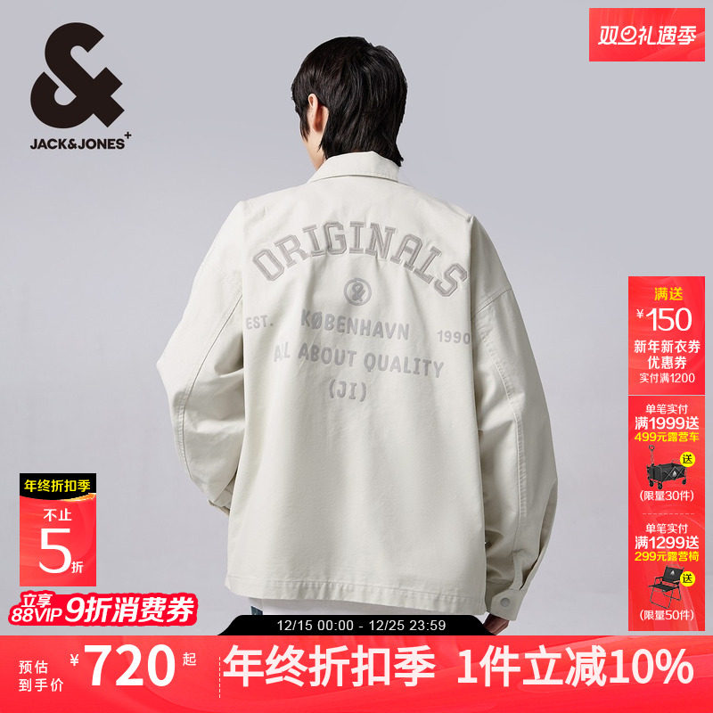 杰克琼斯秋季新舒适男装士宽松字母刺绣胶印翻领按扣外套衬衫男装