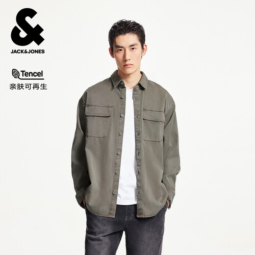 杰克琼斯春季新款男装潮流宽松版型翻领胸前美式复古衬衫上衣外套