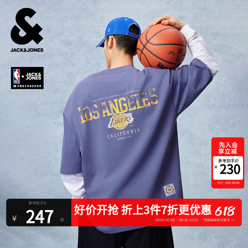 【NBA联名】杰克琼斯男装夏新款湖人队重磅纯棉短袖T恤宽松打底