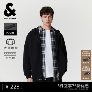 新款 春季 杰克琼斯男装 宽松卫衣外套PU皮标透气拉链开衫 空气层