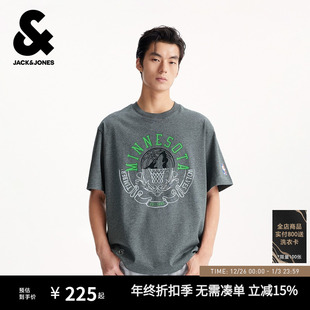 秋季 杰克琼斯男装 罗纹圆领NBA联名字母贴布上衣男款 T恤打底衫 短袖