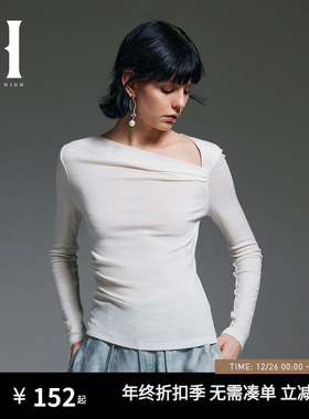 SEASON HIGH24 秋季新款修身纯色不对称含羊毛打底长袖T恤女装