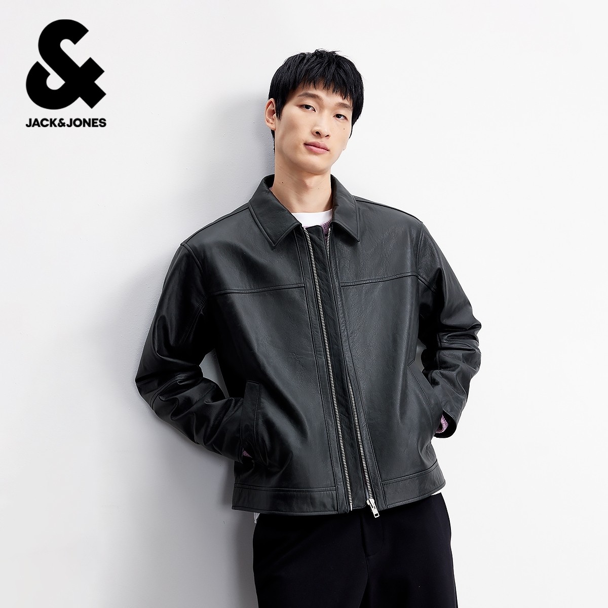 杰克琼斯男装夹克春季新款时尚皮标简约纯色翻领真皮外套常规上衣,男装,夹克,淘宝优惠券,粉丝福利购,淘宝优惠卷