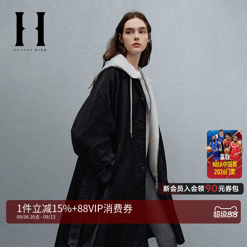 SEASONHIGH秋季女士风衣翻领百搭插肩袖拉链口袋可调节腰带外套