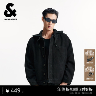 杰克琼斯男装秋季新款满印图案可拆卸连帽休闲宽松牛仔夹克外套