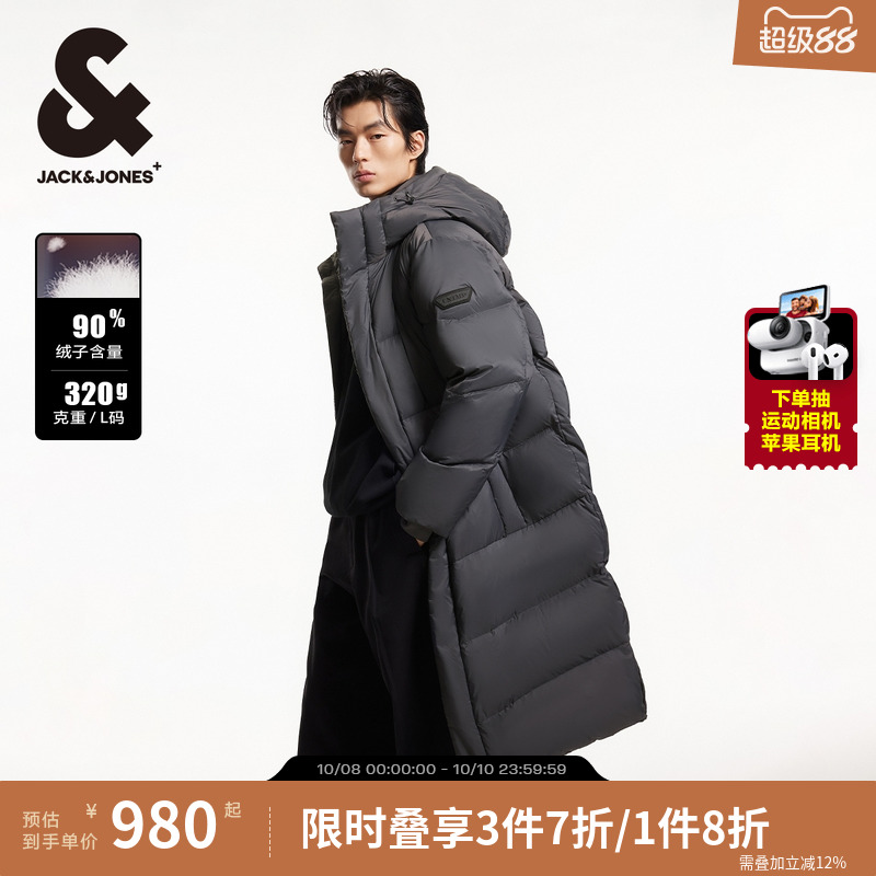 杰克琼斯男装秋冬新款两侧插袋贴布装饰宽松长款抽绳连帽羽绒服款
