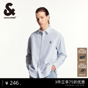 饰条纹长袖 杰克琼斯男装 宽松翻领通勤字母刺绣贴布装 衬衫 上衣 春季