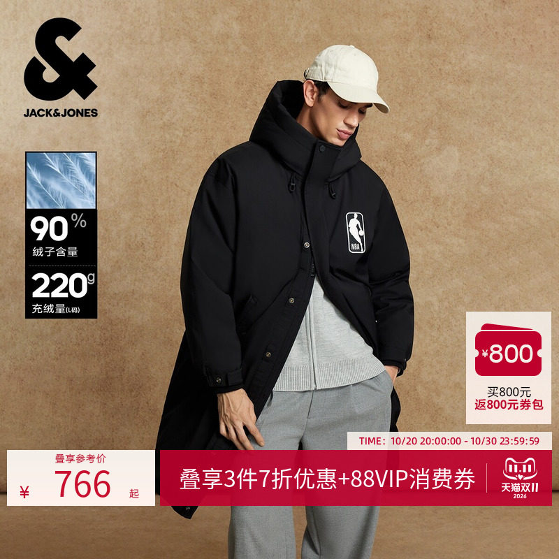 杰克琼斯NBA联名款冬季日常拉链装饰潮休闲连帽羽绒服226112055潮