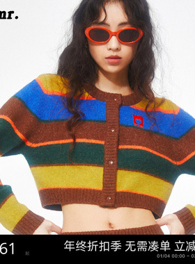 MLMR秋装新款多巴胺穿搭女条纹针织衫甜辣小上衣糖果色开衫毛衣