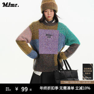 MLMR宽松潮保暖字母刺绣衣身趣味撞色色块拼接针织衫 秋冬 毛衣女装
