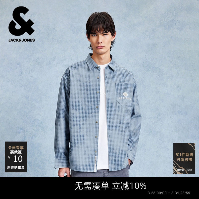 杰克琼斯男装春季上衣衬衫时尚宽松翻领纽扣门襟字母刺绣时尚上衣