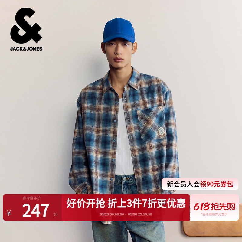 杰克琼斯男装春季格纹衬衫2026潮流纯棉长袖质感潮上衣22530