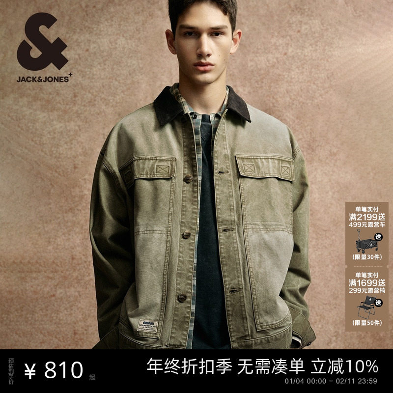 杰克琼斯男装春秋季简约25年休闲宽松翻领多口袋水洗牛仔夹克外套