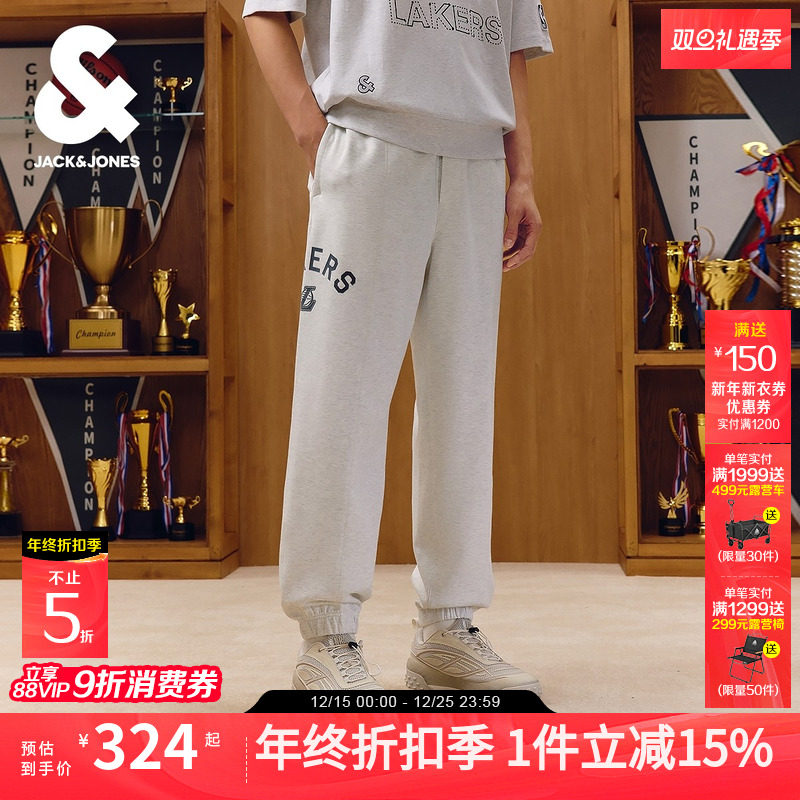 杰克琼斯NBA联名男装休闲裤秋季新款植绒胶印刺绣贴布宽松束脚裤