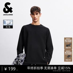 【纯棉打底T恤衫】杰克琼斯男装春新款纯色圆领宽松长袖刺绣上衣