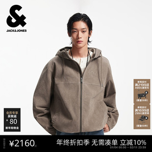 杰克琼斯男装春季夹克外套抽绳连帽字母钢印皮衣经典百搭外套宽松