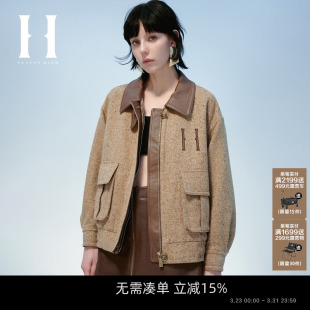 长袖 SEASON 翻领纯色短款 新款 上衣简约夹克外套含羊毛女 HIGH春季