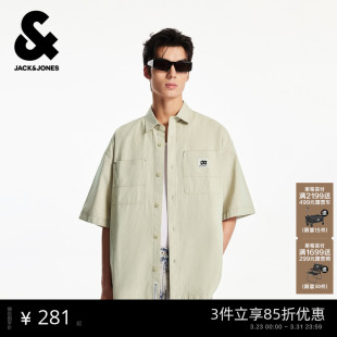 衬衫 杰克琼斯男装 纯棉舒适字母贴布日常可外穿搭翻领短袖 新款 春季