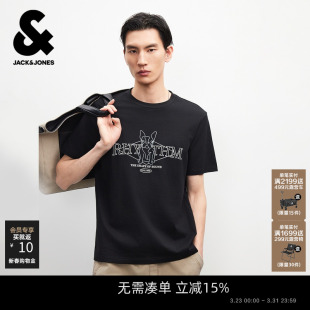 T恤上衣仿绣印图案舒适时尚 杰克琼斯男短袖 休闲圆领合体 纯棉