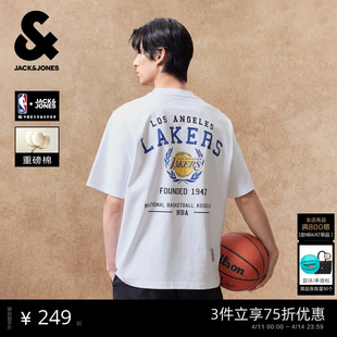 【NBA联名】杰克琼斯男装夏季重磅纯棉短袖T恤湖人队印花刺绣宽松