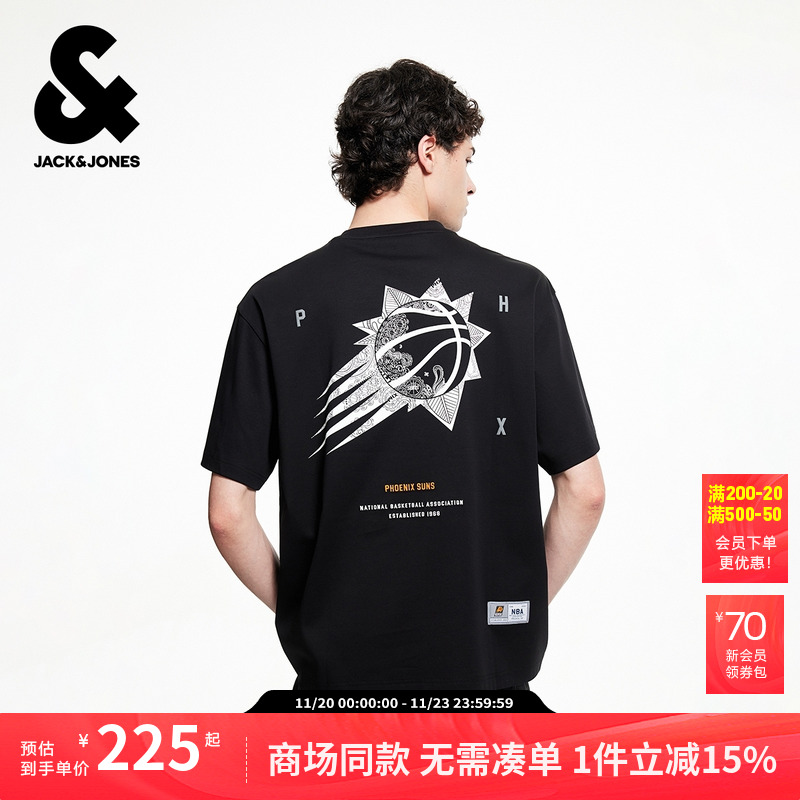 杰克琼斯男装秋季新款NBA联名T恤经典黑色百搭纯棉潮流短袖上衣